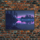 Reflections on the lake at midnight, framed canvas print, vaporwave aesthetic, purple sky