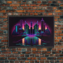 Retro Style Synthwave Wireframe City, Outrun Style, Framed Canvas Print, 80s Vibes Art