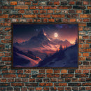 Mt. Everest Art, full moon over a mountain landscape, watercolor, framed canvas print, unique wall art