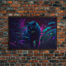 Black panther on the hunt in the jungle, glowing blue eyes, synth wave aesthetic art, framed canvas print