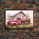 Old Pink Truck Used As a Flower Bed, Framed Canvas Print Or Poster, Rustic Farmhouse Decor, Primitive Art, Country Home Art