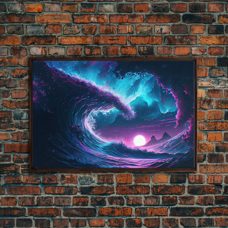 The Wave, Synthwave style ocean art, sunset in a wave, framed canvas print