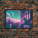 Vaporwave Aesthetic Scifi Art, In Transit, Astronaut riding the space train, framed canvas print