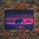 Elephant Art | Framed Canvas Print | Synthwave Style Framed Wall Art | Animal Prints | Elephant Walks Under A Full Moon | Kid's Room Decor