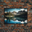 Reflections on a winter lake, watercolor landscape art, framed canvas print, pine tree winter forest