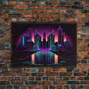 Retro Style Synthwave Wireframe City, Outrun Style, Framed Canvas Print, 80s Vibes Art