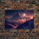 Mt. Everest Art, full moon over a mountain landscape, watercolor, framed canvas print, unique wall art
