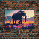 Elephants of Africa, Vibrant and colorful landscape, vaporwave, framed canvas print