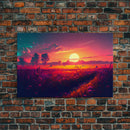 Watercolor of a beautiful sunset over a vibrant field of flowers, framed canvas print, framed art