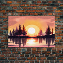 Sunrise Over The Lake and Forest, Lakehouse landscape art, orange and red tones, framed canvas print, watercolor art