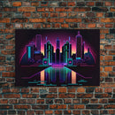 Retro Style Synthwave Wireframe City, Outrun Style, Framed Canvas Print, 80s Vibes Art