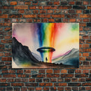The Abduction, Rainbow UFO Art, Watercolor, Framed Canvas Print, Science Fiction Wall Decor