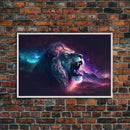 Cosmic Roar, lion roaring at the stars, synthwave galaxy and lion art, framed canvas print, unique framed wall art