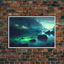 Bioluminescent glowing river, cool nature watercolor art, framed canvas print