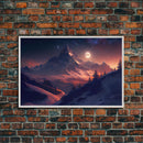 Mt. Everest Art, full moon over a mountain landscape, watercolor, framed canvas print, unique wall art