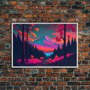 Synthwave style watercolor painting of a mountain and forest, framed canvas print, colorful wall art