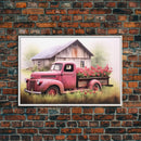 Old Pink Truck Used As a Flower Bed, Framed Canvas Print Or Poster, Rustic Farmhouse Decor, Primitive Art, Country Home Art