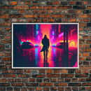 Cyberpunk bounty hunter art, vaporwave synthwave dystopian cityscape, framed canvas print