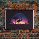 Emu Art | Framed Canvas Print | Synthwave Style Framed Wall Art | Animal Prints | Emu Walks Under A Full Moon | Kid's Room Decor
