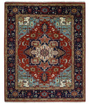 Ready to ship Rust and Blue Hand Knotted Traditional Persian Heriz Serapi Rug