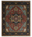 Hand Knotted Maroon And Blue Traditional Heriz Custom Made Wool Area Rug