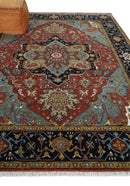 Hand Knotted Maroon And Blue Traditional Heriz Custom Made Wool Area Rug