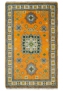 3x5 Gold and Blue Wool Hand Knotted traditional Vintage Antique Southwestern Kazak | TRDCP36735