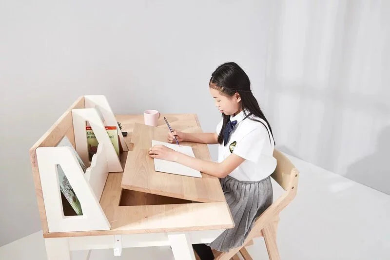 Calla Adjustable Solid Wood Growth Desk with Easel - Rubberwood Construction - Natural Color - Storage Drawers