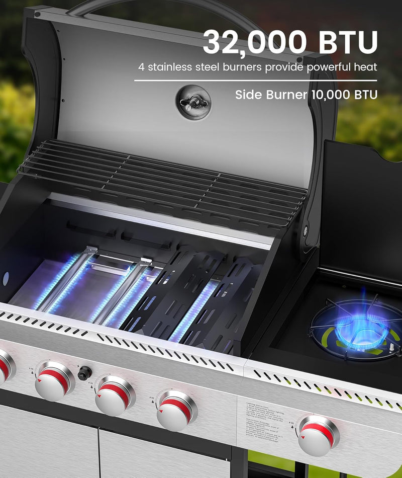 3 & 4-Burner Propane Gas Grills with Side Burners, for Outdoor Cooking