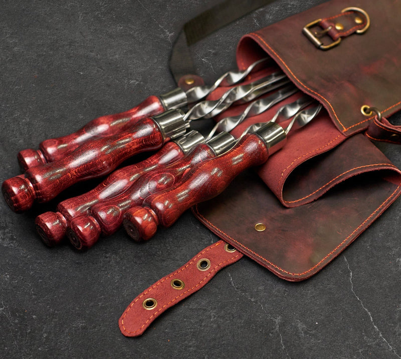 “Hunting Quiver" Camping Accessories BBQ Skewers Set  in a Leather Case, 9 items