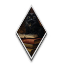Black Cat with Spellbook and Antique Library Canvas Art Print, Dark Academia Diamond Shaped Art for Halloween Gothic Witch Decor