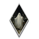 Canvas Embossed Print of a cheerful Halloween ghost among Victorian flora, a perfect gothic accent in diamond shaped art format