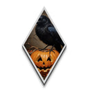 Creepy crow on heart-eyed jack-o-lantern Diamond Shaped Art Canvas Embossed Print with spooky season charm and gothic whimsy