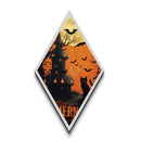 Black cat and jack-o-lantern tower Canvas Embossed Print with full moon, spooky trees, and Diamond Shaped Art Halloween vibe