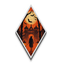 Haunted forest gate with bats and hunter Canvas Art Print in Diamond Shaped Art format with gothic Halloween orange atmosphere