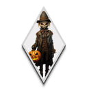 Spooky child scarecrow with glowing eyes Canvas Embossed Print holding jack-o-lantern in creepy Victorian Diamond Shaped Art