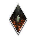 Spooky white cat ghost surrounded by jack-o-lanterns in forest Diamond Shaped Art Canvas Art Print Halloween gothic dark decor