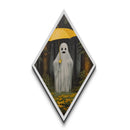 Rainy Day Ghost Diamond Shaped Art Holding Yellow Umbrella Canvas Embossed Print Autumn Halloween Forest Home Decor Spooky Cute
