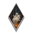 Diamond Shaped Art ghost on swing in haunted forest, Halloween Canvas Embossed Print with gothic autumn aesthetic and jack-o-lanterns