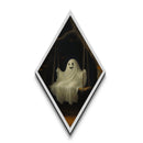 Gothic Diamond Shaped Art featuring smiling ghost on rope swing, moody Victorian Halloween Canvas Art Print in spooky forest