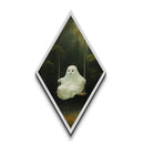 Cozy ghost swinging over forest pond in moonlight glow, Diamond Shaped Art Halloween Canvas Art Print with enchanted fall forest