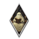 Ghost reading vintage spellbook in candlelight, Diamond Shaped Art styled Halloween Canvas Embossed Print in dark academia tones