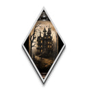 Spooky Gothic House in the Woods Diamond Shaped Art Canvas Art Print with bats, dead trees, and eerie lighting Halloween aesthetic