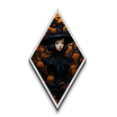Goth Girl Witch with Pumpkins Diamond Shaped Art Canvas Embossed Print Halloween Aesthetic Victorian Wall Decor Dark Fantasy