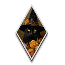 Black Cat With a Witch's Hat, Diamond Shaped Canvas Art Print, Halloween Painting Decor