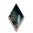 Lonely Ghost in Rainy Arcade Diamond Shaped Art Canvas Embossed Print Spooky Vaporwave Halloween Surreal Nostalgic Wall Decor