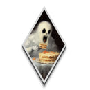 Ghost Devouring Cake Painting Diamond Shaped Art Canvas Embossed Print Spooky Cute Halloween Surreal Macabre Kitchen Decor