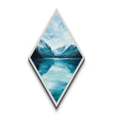 Snowy Mountain View Diamond Shaped Canvas Embossed Print, Blue Alpine Landscape Art, Nature Scene, Winter Cabin Wall Decor