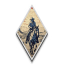 Outlaw Rider in Desert Diamond Shaped Canvas Embossed Print — Retro Western Cowboy Landscape Art Wild West Country Wall Decor