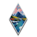 Alpine Meadow Flow – Diamond Shaped Mountain River Wildflowers Canvas Art Print, Spring Nature Wall Decor, Serene Landscape Scene